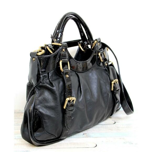 DEBORAH GALLO ITALY BLACK GENUINE LEATHER PATENT SATCHEL SHOULDER BAG HANDBAG - Picture 4 of 9